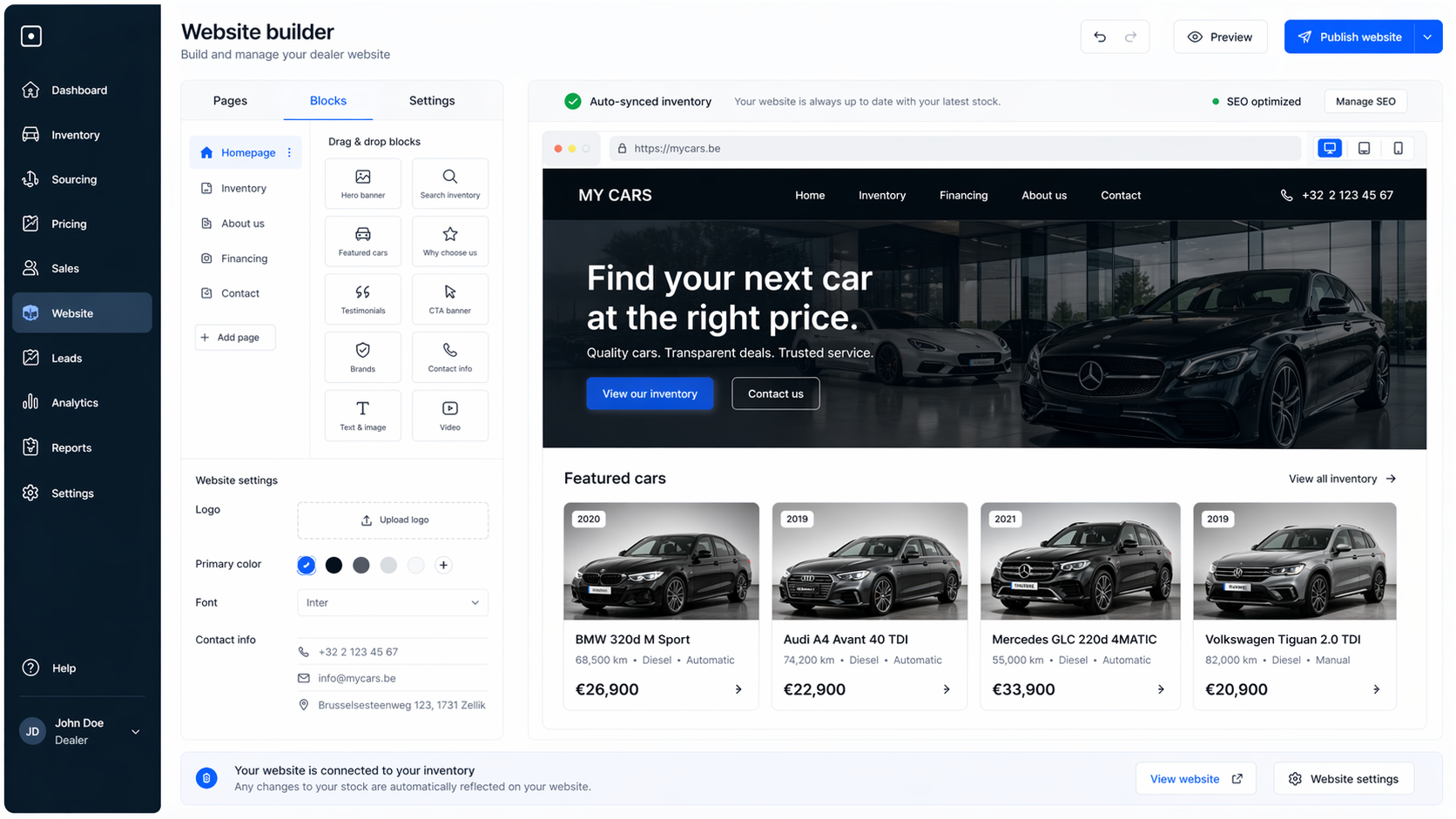 Dealer website dashboard gekoppeld aan online stock